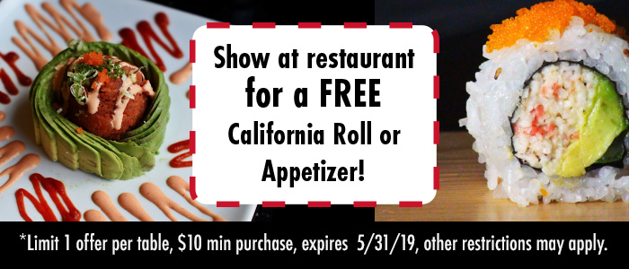 wasabi warson woods free california roll or appetizer w/ purchase
