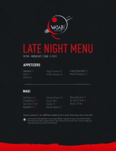 Late Night Menu - Cortex Location Only - 10pm - midnight, dine in only, deals on appetizers and maki