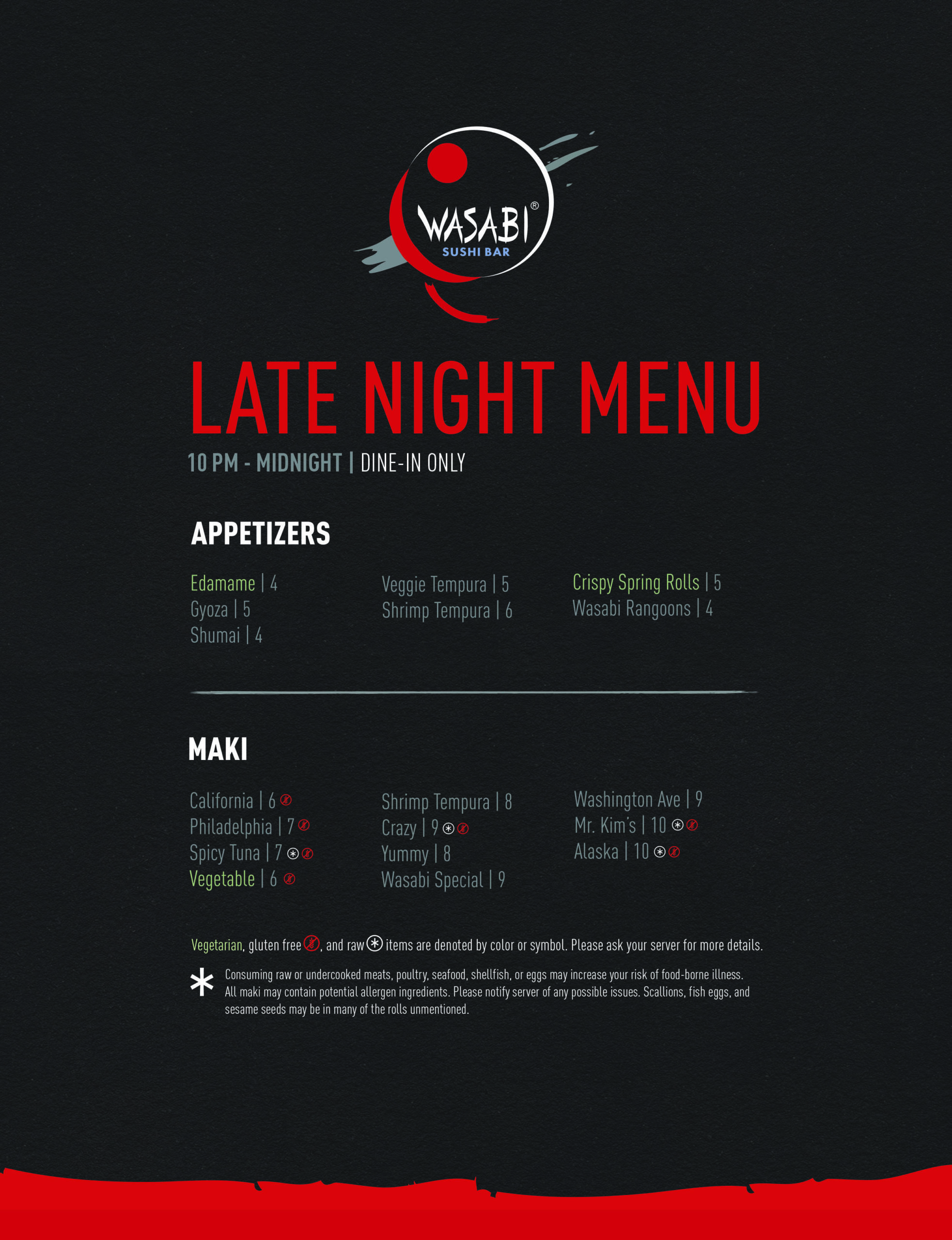Late Night Menu - Cortex Location Only - 10pm - midnight, dine in only, deals on appetizers and maki